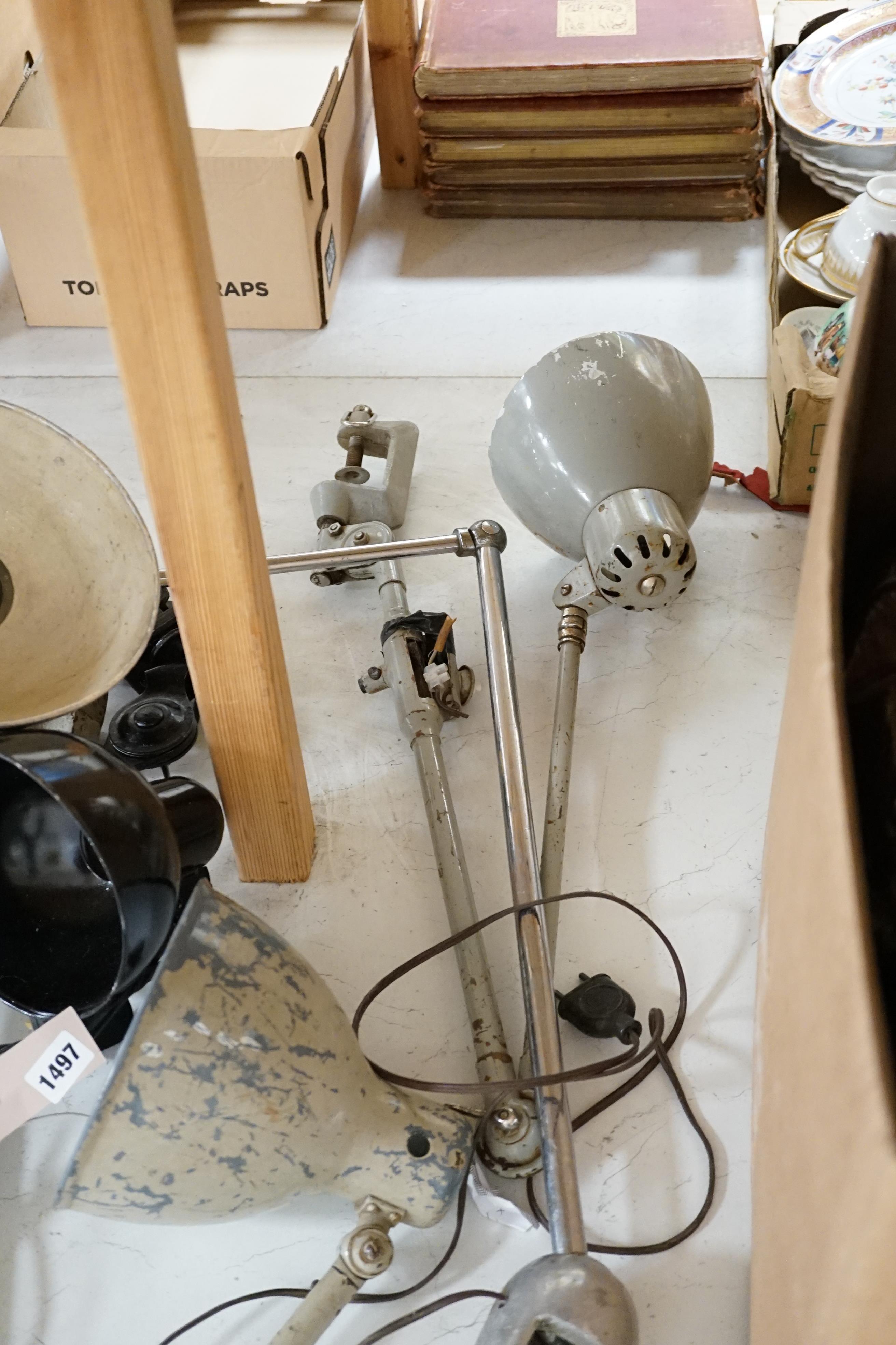 A mid-century Kaiser Idell clamp-fitting adjustable lamp, and three other clamp-fitting lamps